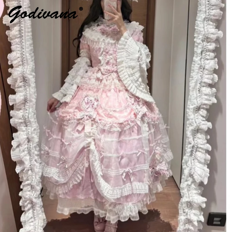 Camicetta di pizzo a maniche lunghe svasata da donna originale per ragazze Top Fairy Sweet Fluffy Pink Bow Jsk Princess Dress Abiti romantici