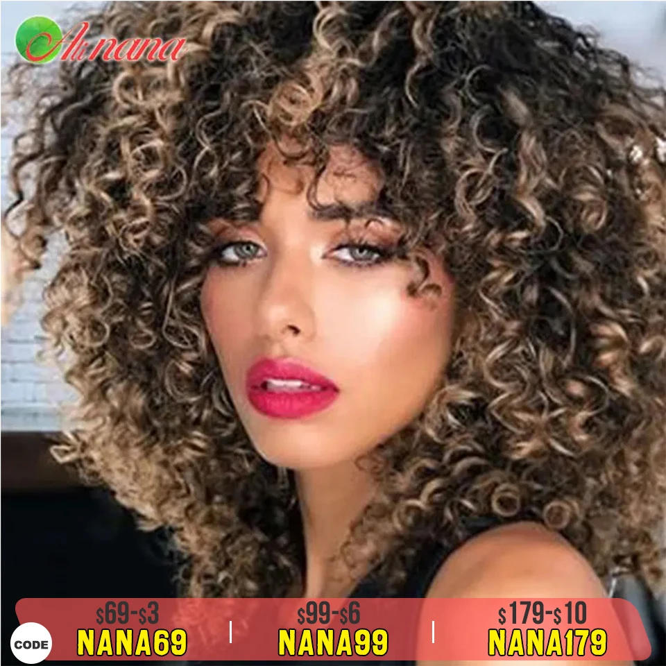 Parrucca sciarpa riccia rimbalzante brasiliana Parrucca piena di colore zenzero/marrone/biondo con frangia Parrucca riccia stile 100% capelli umani per le donne
