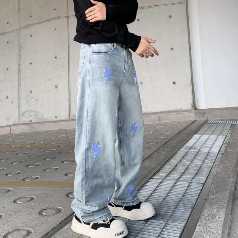 

14010-2 American high-end new tide loose wide-leg hundred hundred hip-hop car leather jeans male