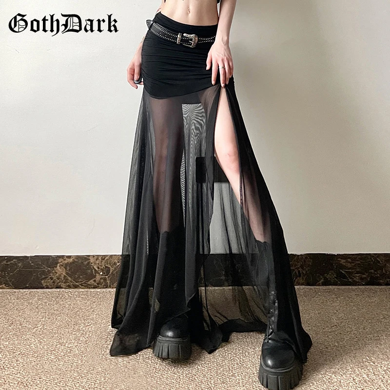 Goth Dark Mall Goth High Waist Mesh Patchwork Mid Skirts Sexy Hem Split Ruched Bodycon Skirt E-girl Y2K Streetwear Alt Bottoms