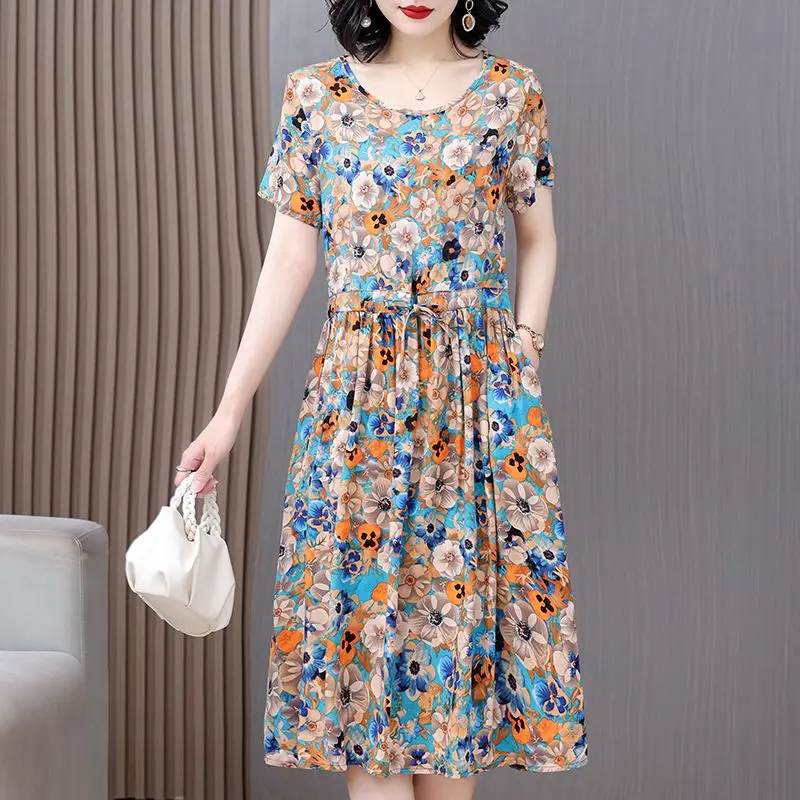 2023 Summer New High end Cotton Silk Round Neck Casual Commuter Fashion Trend Drawstring Elegant Versatile Mid length dresses