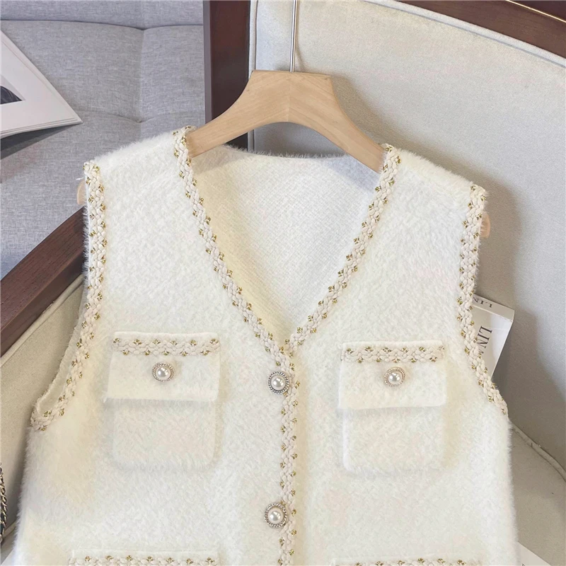 Mohair Knit Vest with Flap Pocket Pearl Button Gold Thread Brush Sleeveless Cardigan Sweater Women Fall Winter Classic Outfit