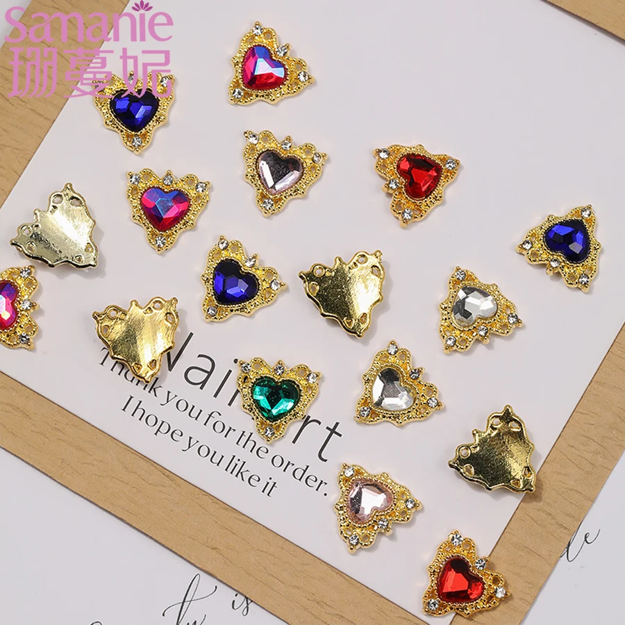 18PCS Luxury 3D Alloy Love Heart Shape Nail Charms Sparkling Multicolor Glass Diamond Light Gold Color Nail Art DIY Decorations