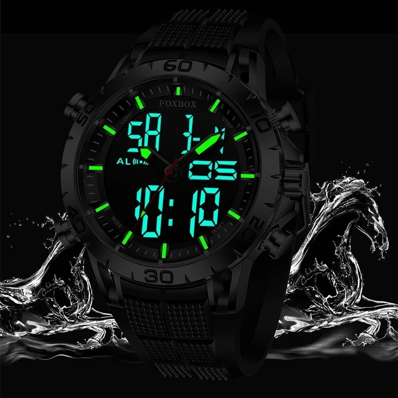 FOXBOX Mens Watch Sports Top Brand Luxury Dual Display Quartz Watches Men Military Waterproof Clock Digital LED Wristwatch Reloj