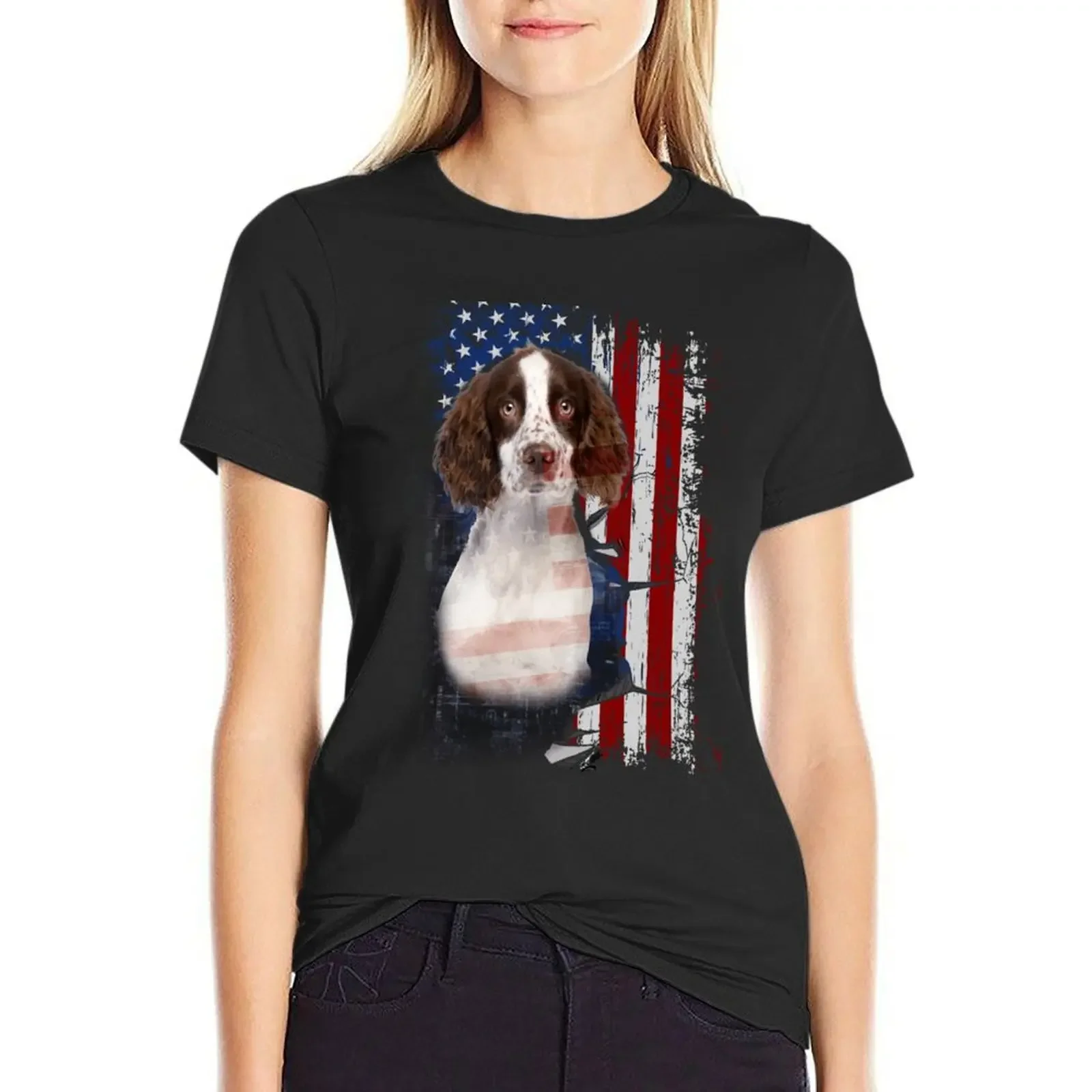 English Springer Spaniel America Flags T-Shirt tops hippie clothes plus size t shirts for Women loose fit