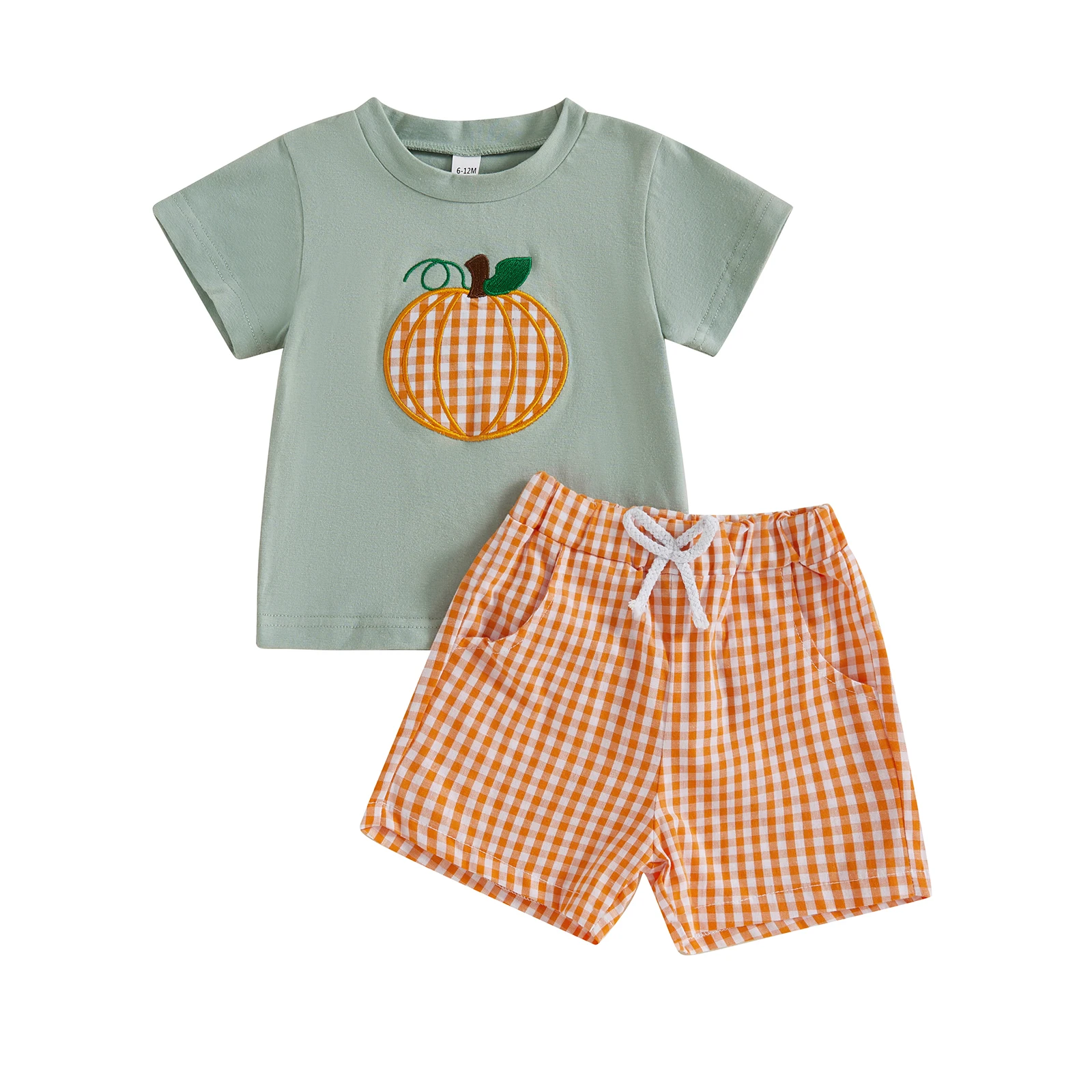 

Baby Boys Halloween Outfits Pumpkin Pattern Short Sleeves T-Shirt and Elastic Plaid Shorts Set for 2 Piece Clothes Set