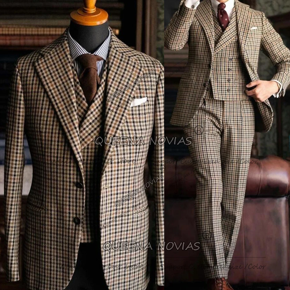 

Classic Houndstooth Suit Men 3 Piece Set Single Breasted Groom Blazer Outfits Customized Man Evening Party Tuxedos Wedding Dress