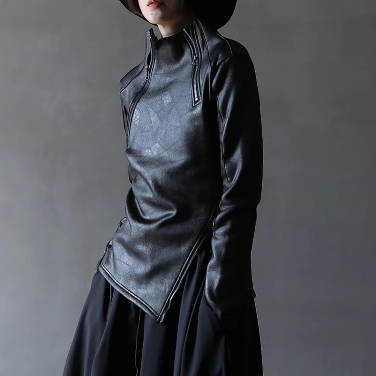 Dark Style Irregular Stand Collar Diagonal Zipper Faux Leather Sweatshirt Female Cool Black Gothic Jacket Fleece Lining Pullover
