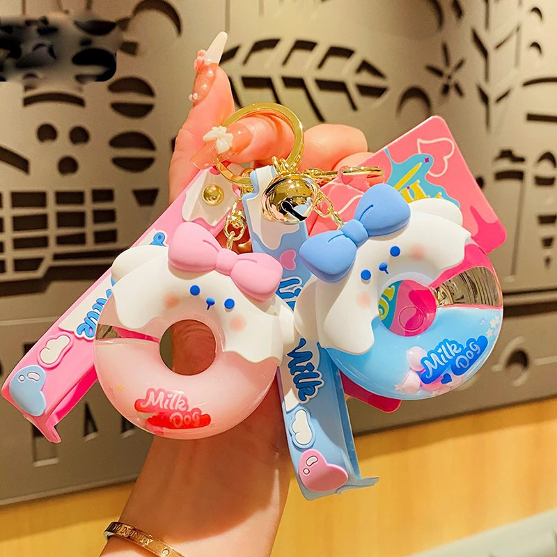 Cute Donut Float Bottle Liquid Keychain Cartoon Milk Dog Bow Head Key Ring Pendant Gift for Women Couple Key Chain Jewelry Gifts