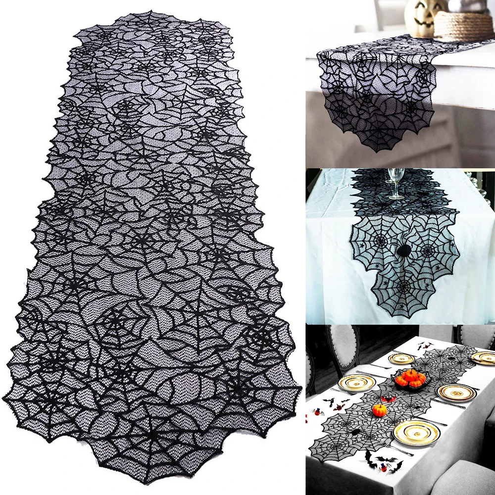 

Halloween Decorations Spider Web Lace Tablecloth Bat Table Runner Fireplace Curtain for Halloween Party Home Decor Horror Props