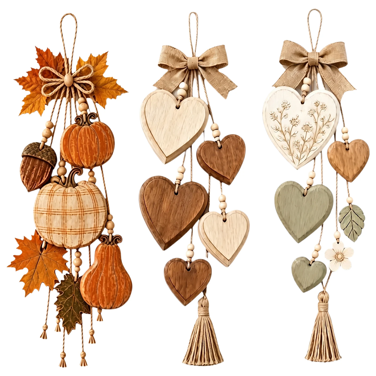 Distressed Wood Heart Shaped Wall Hanging Farmhouse Sign Burlap Bow Tassel Beads Country Decor