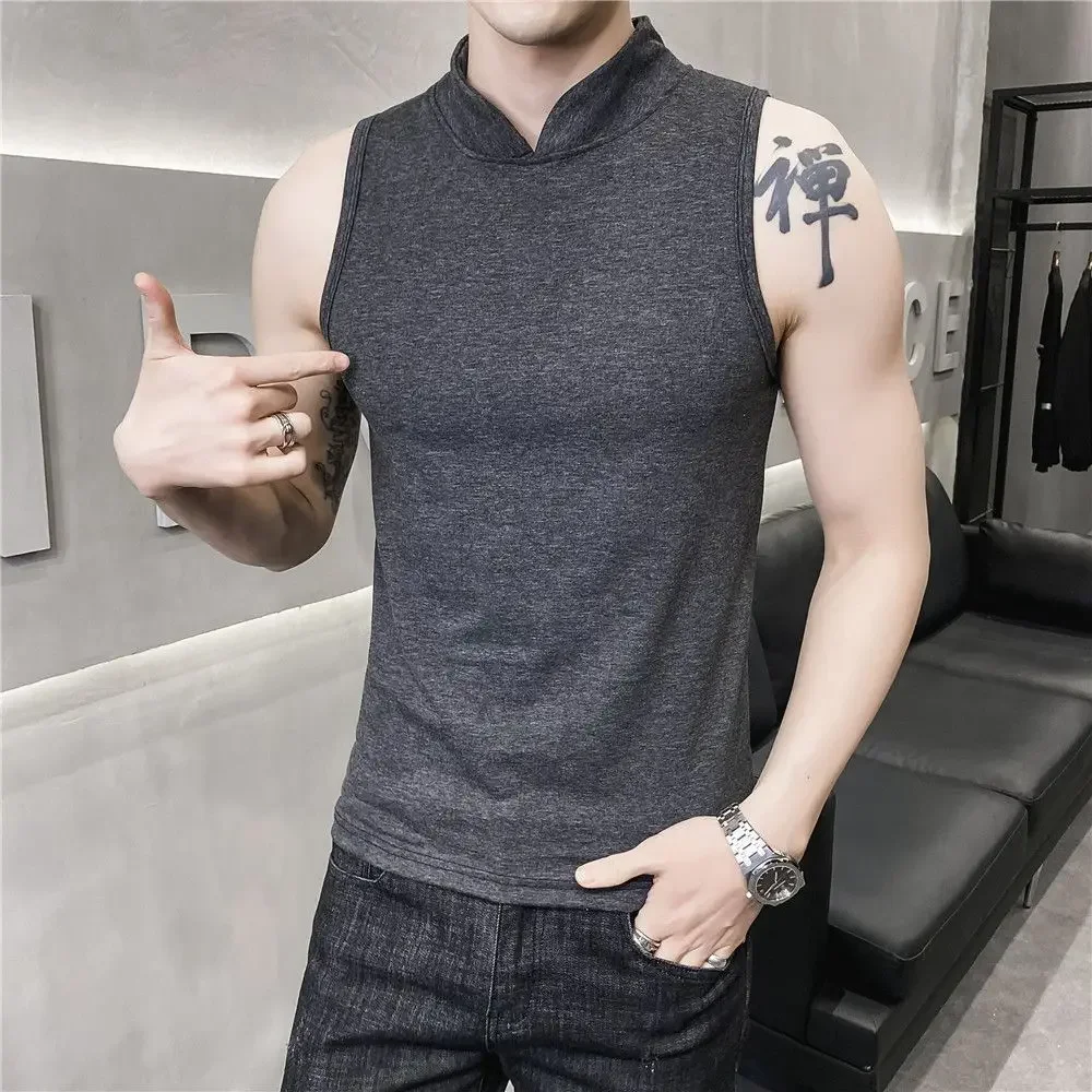 Men\'s Summer Sexy Vest Small High Collar Breathable Sports Fitness Bottom Undershirt Sexy Slim Fit Tight Sleeveless Top T-Shirt