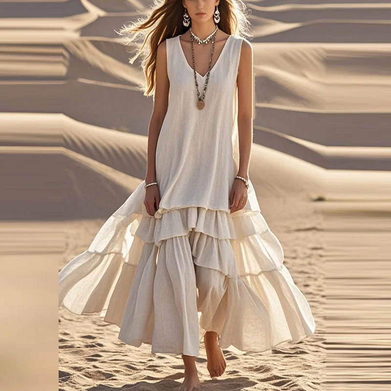 

Summer Casual Sleeveless Loose Beach Dress Fashion Hight Waist Pleated Solid Party Dress Elegant V Neck Cotton Linen Long Dress