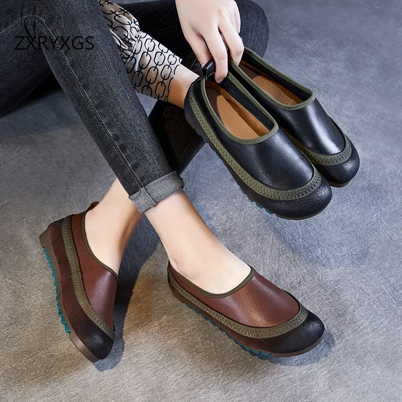 ZXRYXGS-Chaussures Plates en Cuir group pour Femme, Grande Taille, Élégantes, Confortables, Rétro, Premium, Nouvelle Collection 2024