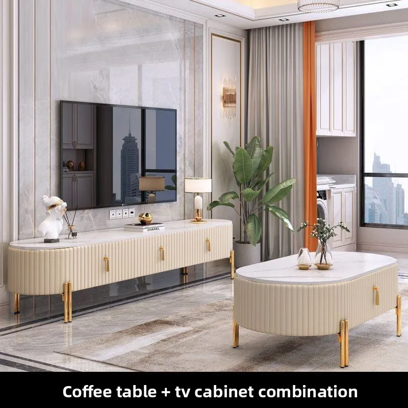 Oval Modern Minimalist Durable Tempered Glass Top Wood Frame Coffee Table TV Cabinet Set Storage Small Apartments Living Room