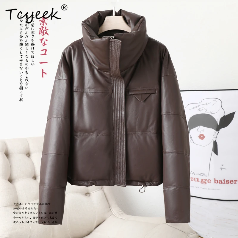 Tcyeek capa superior de piel de oveja auténtica Otoño Invierno moda cuello alto Mujer plumón de ganso blanco Casacas Para Mujer Invierno