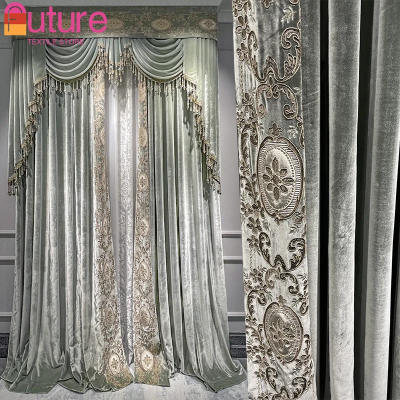 

Court Romantic Style Grey Green Velvet Embroidered Curtains for Bedroom Living Room High Window French Window Villa Custom