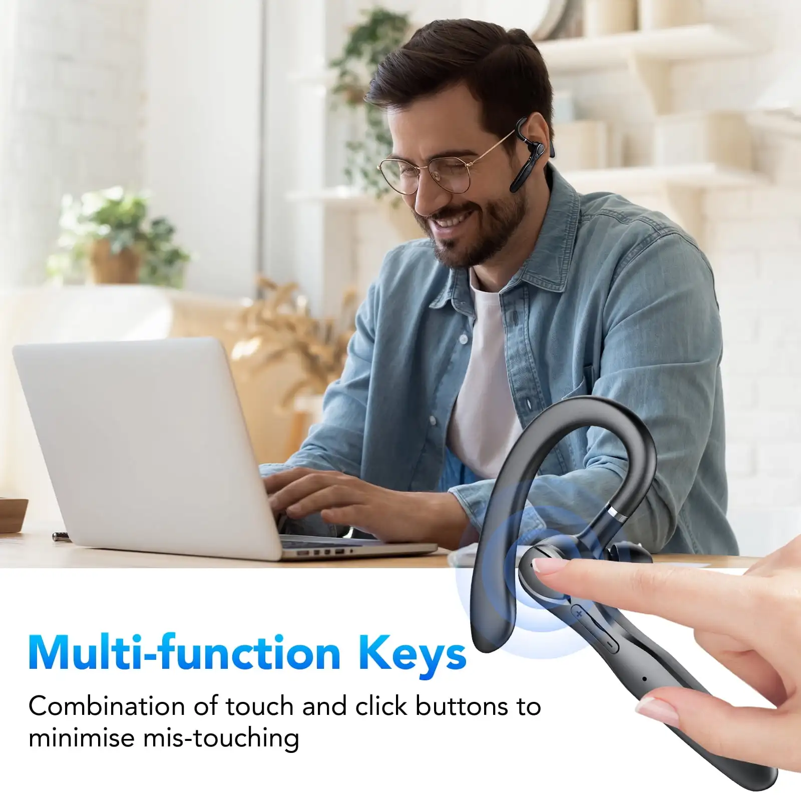 سماعة رأس بخاصية البلوتوث V5.3 100H سماعة أذن لاسلكية بدون استخدام اليدين مع ميكروفون مزدوج ENC لإلغاء الضوضاء كتم صوت سماعات أذن واحدة