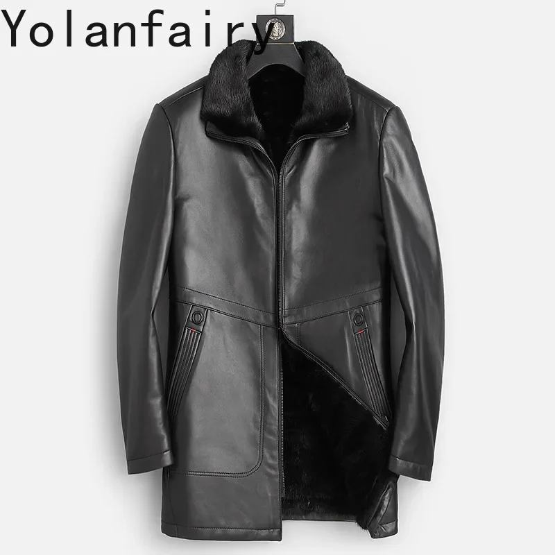 YOLANFAIRY Genuine Leather Sheepskin Mens Jacket Winter Long Coats Lapel Style Black Men's Clothing Fashion Chamarras De Piel