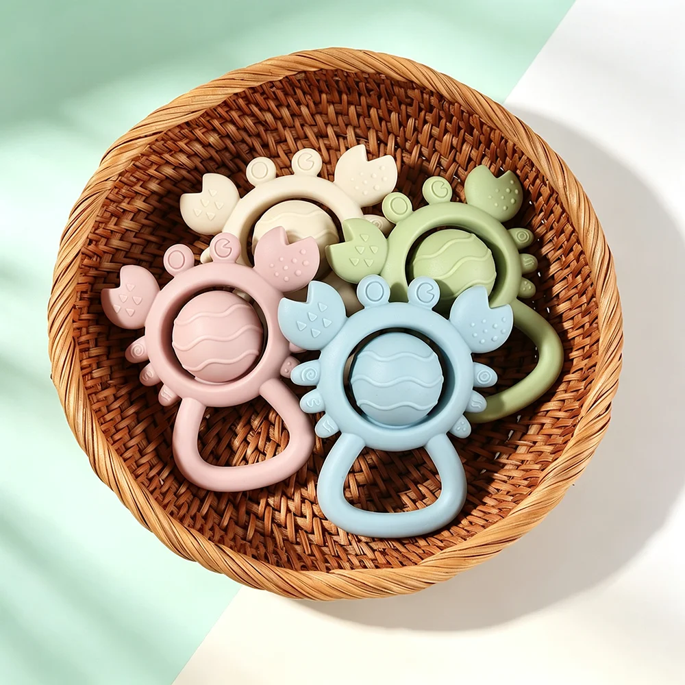 2-in-1 Crab Shape Silicone Teether baby Rattle Toy with Sound Cute Infant Teething Hand Grasp Toy
