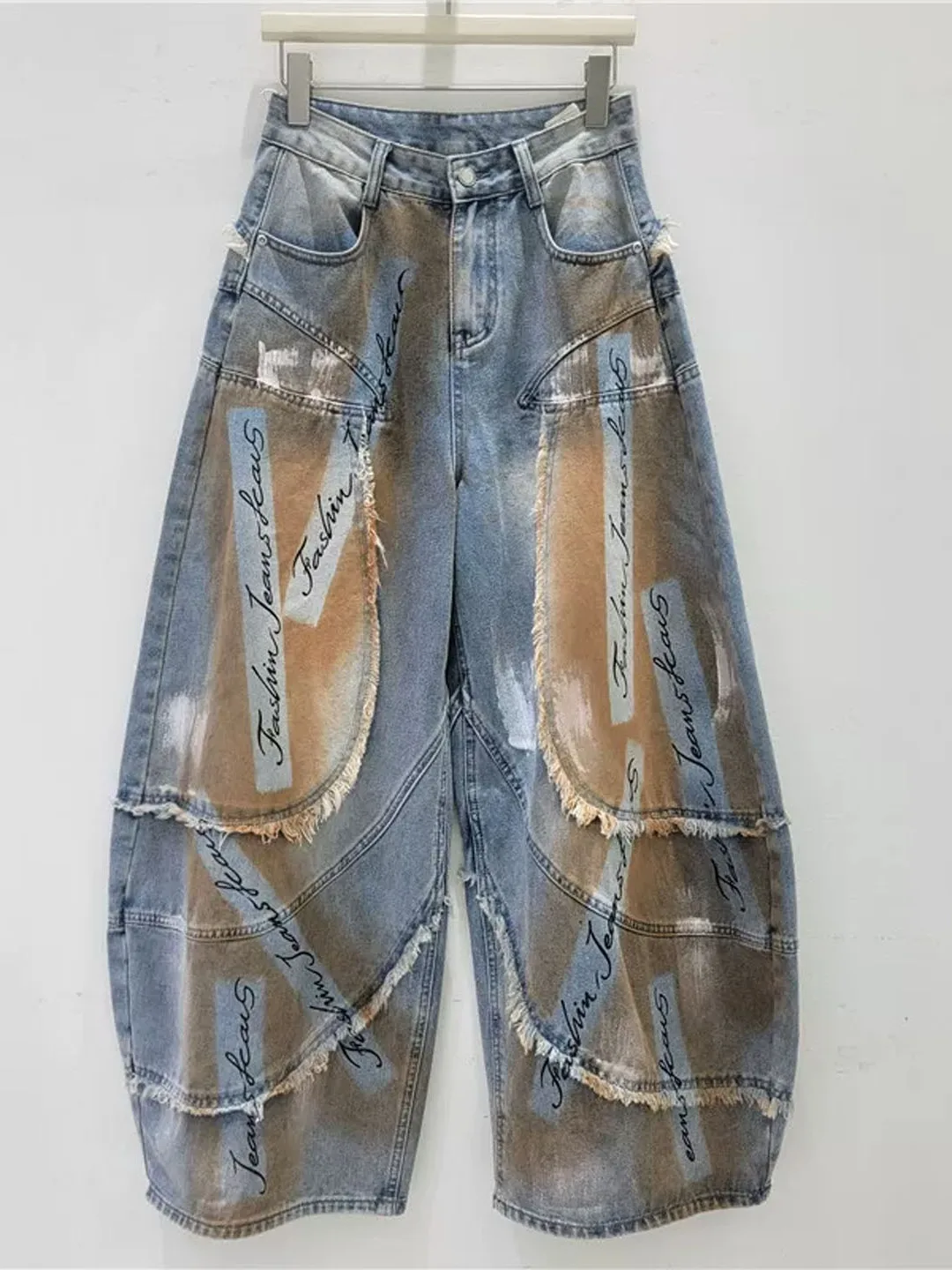 Retro American Design Distressed Straight Leg Denim Jeans Heavy Wash Wide Leg Long Pants Women's High Waist Cargo Pocket