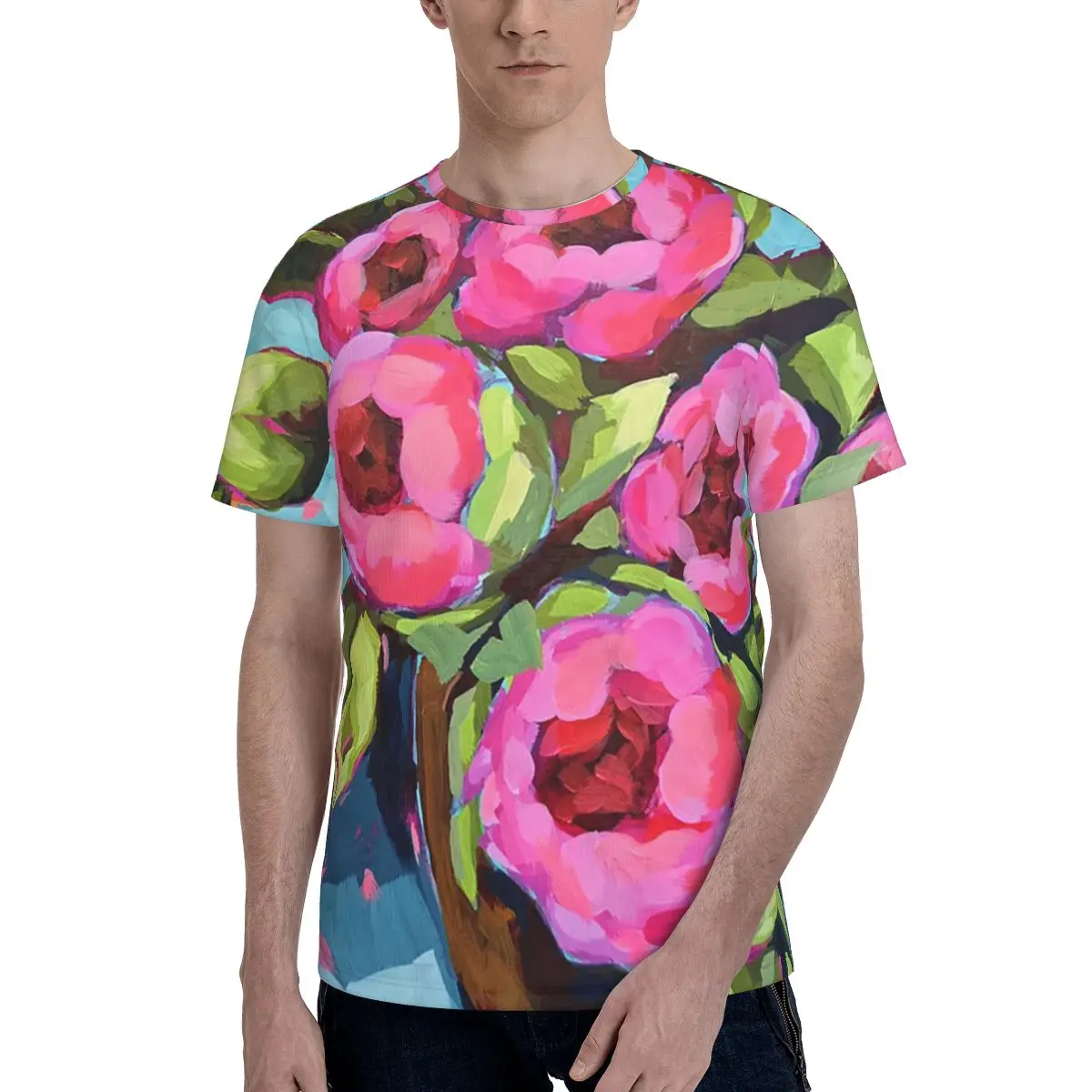 Pink Peonies T-Shirt for Men Cotton T Shirts Men's Tees Short Round Neck Summer Clothes Tops