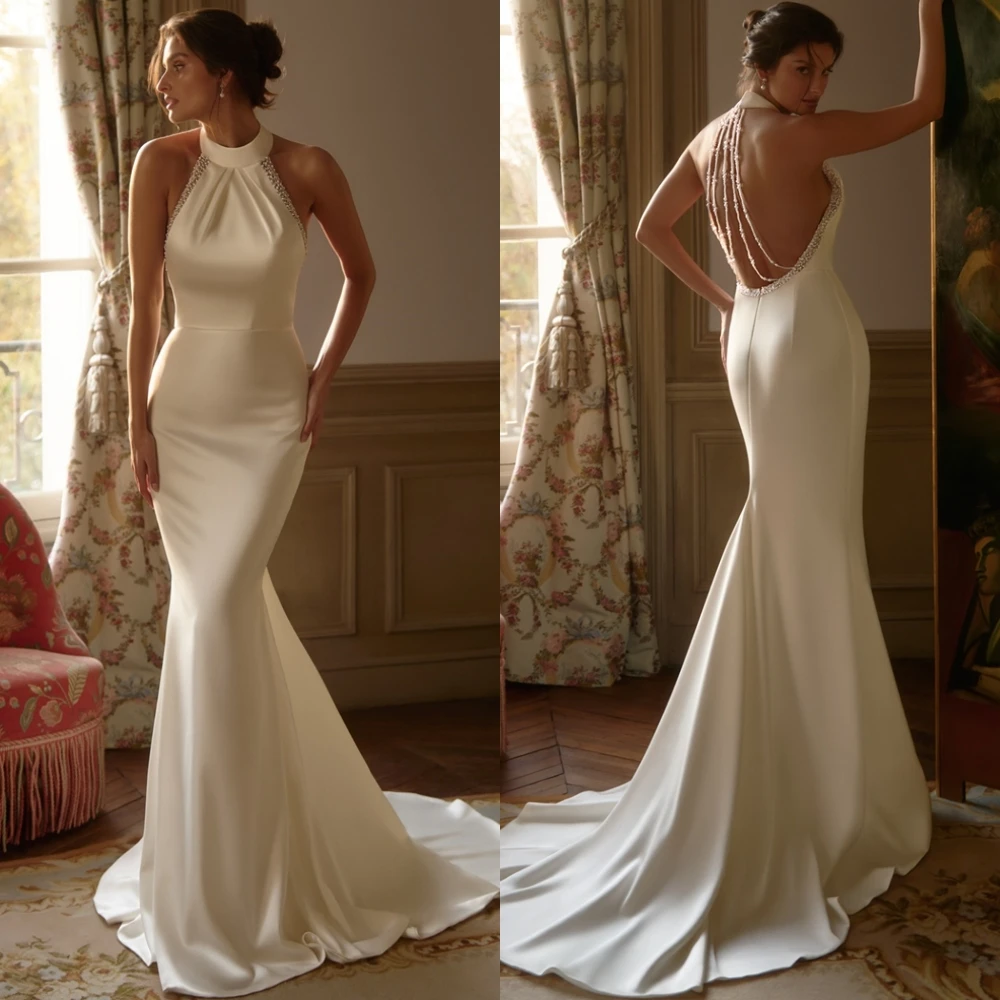 

Customized Simple White Satin Evening Dress Classic Halter Sleeveless Wedding Dresses Delicate Mermaid Beading Celebrity Gowns