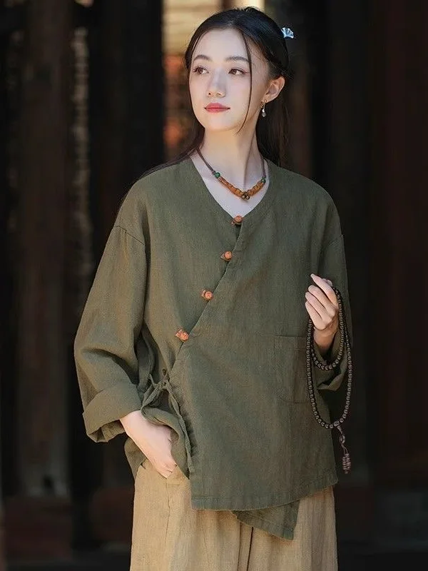 

Новый китайский женский кардиган-жакет из хлопка и льна с поясом, косым воротником и пуговицами, весна-осень, в стиле ретро, национальный стиль