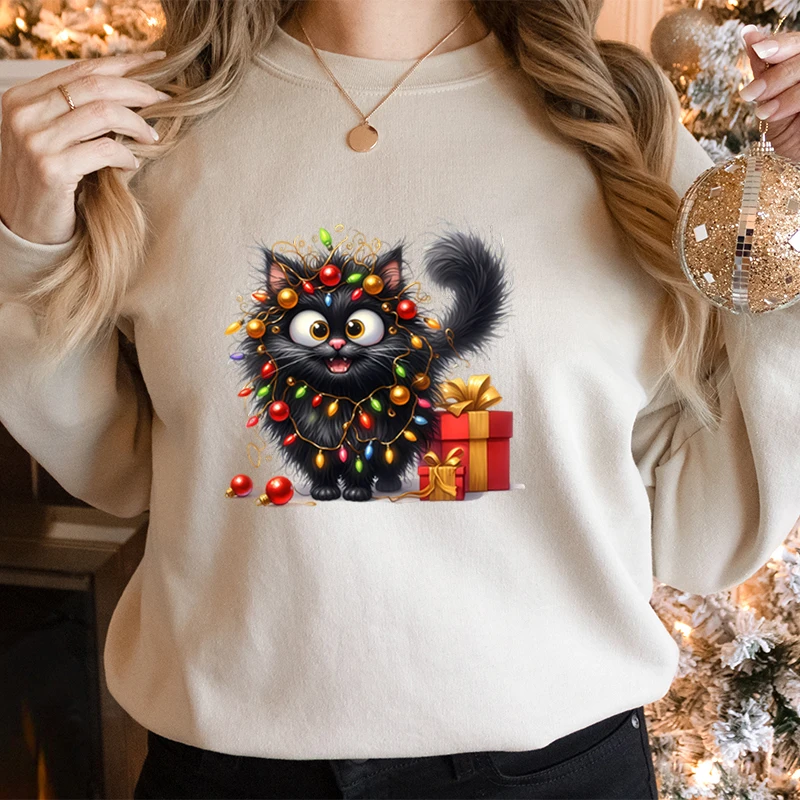 Cat Lover Gift for Christmas Women Sweatshirts Cute Fluffy Cats Lights Holiday Hoodies Cute Animal Lover Christmas Sweatshirts