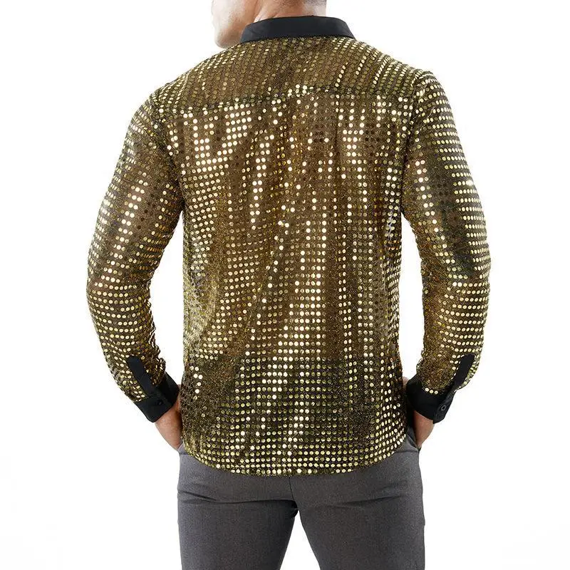 Men Sequin Long Sleeve Shirt, 60‑70s Vintage Disco Hippie Party Top, Button Down Shiny Club Stage Performance Costume S‑XXXL