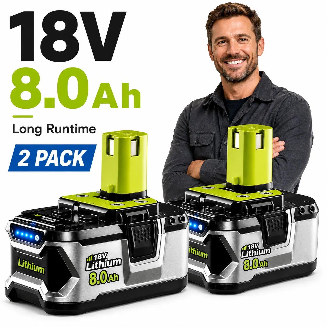 Power Tools Ltd - 2‑Pack 8.0Ah Replacement Li‑ion Battery Compatible