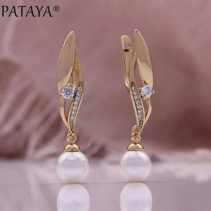 PATAYA Hot Fashion Flower Pearl Drop Earrings for Women 585 Rose Gold Color Mix Boho Ethnic Wedding Jewelry Gift