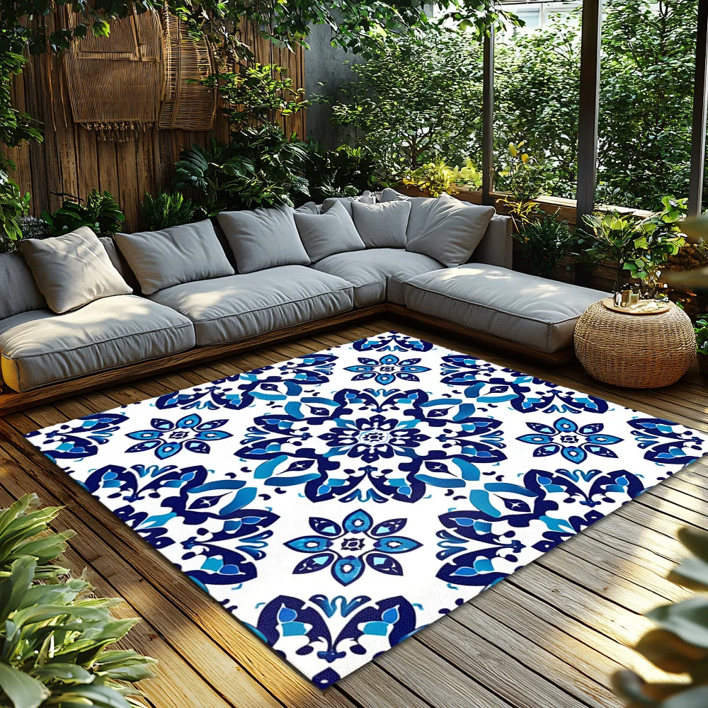 Turkish Carpet Pattern Area Rug Vintage Persian Rug Blue White Home Decor Floor Mat Entryway Doormat Washable Non Slip Modern De