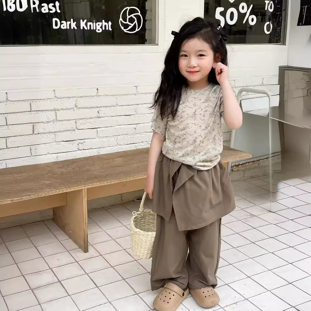 Kid Shirt Top Korean Children Clothing 2024 Summer New Girls Short-sleeved Floral Solid Color T Shirt Apricot Casual Shirt Top