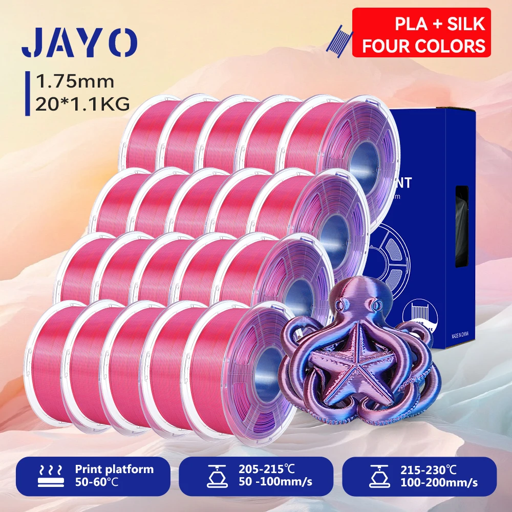 JAYO 20 Rollen 3D Zijde PLA Filament Vierkleurig PLA Plus 3D Printer Filament 1.75mm Glanzende Zijdetextuur 4-in-1 Kleurenfilament