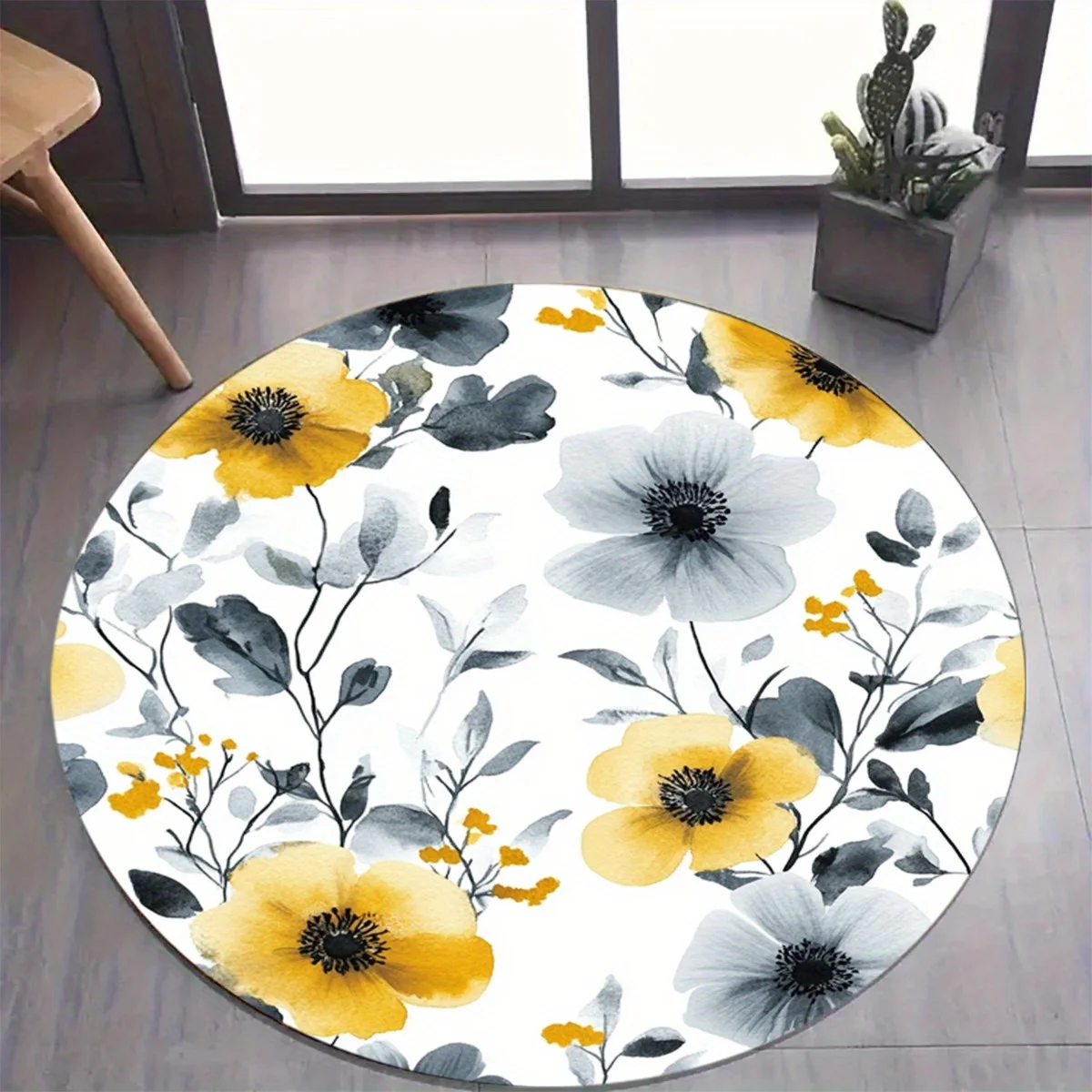

1pc Yellow, gray and white plant pattern carpet, crystal velvet fabric, suitable for bedroom and living room decoration