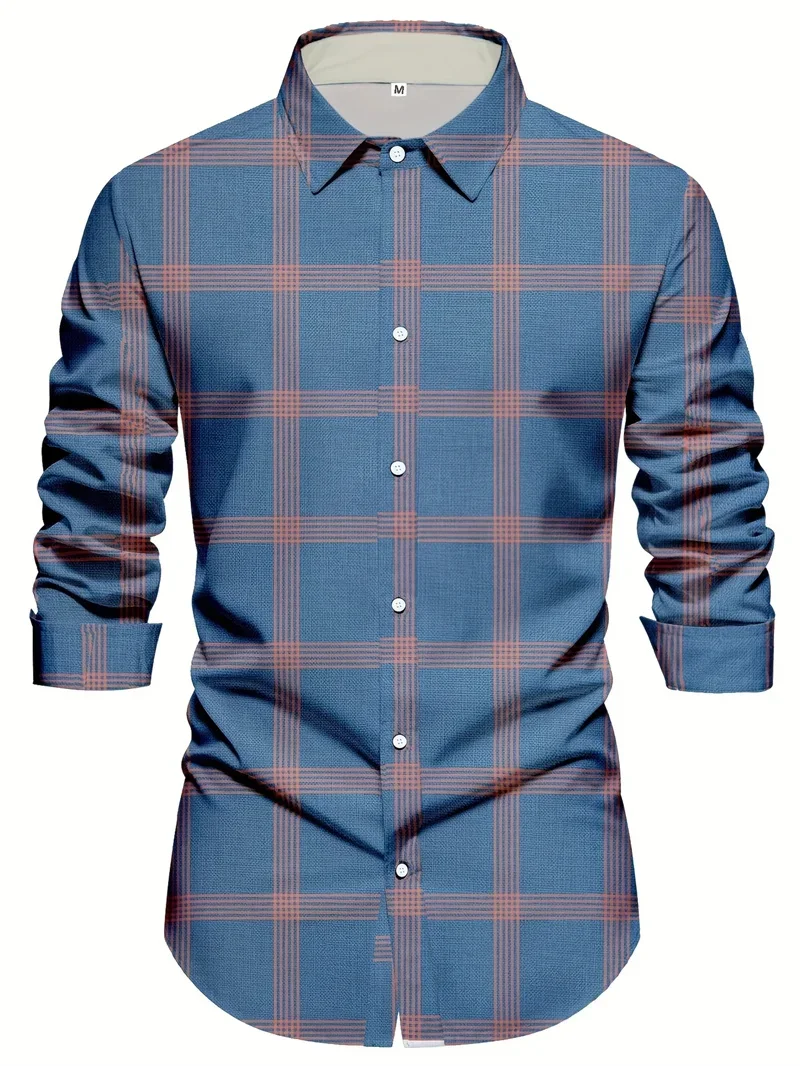 Men's Long-sleeved Lapel Buttons Checkered Striped Texture 3D Printing Slim Fit Simple Business Casual Shirt Men Outdoor Street