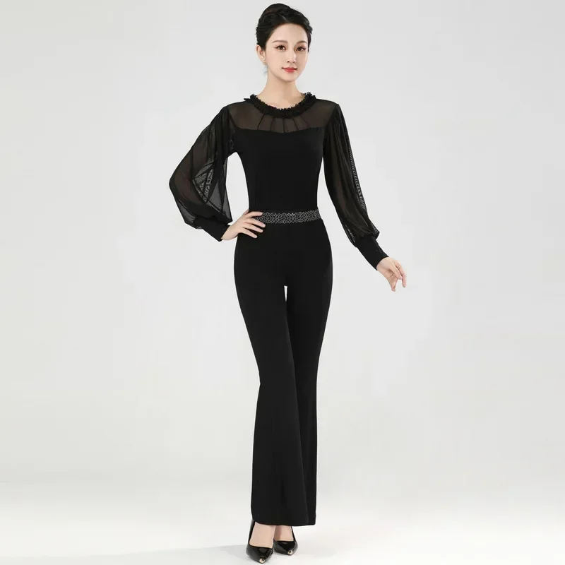 

2024 New Adult Women Modern Dance Costume Lady International Ballroom Latin Black Sexy Long Sleeve Mesh Tops Girls Dancewear