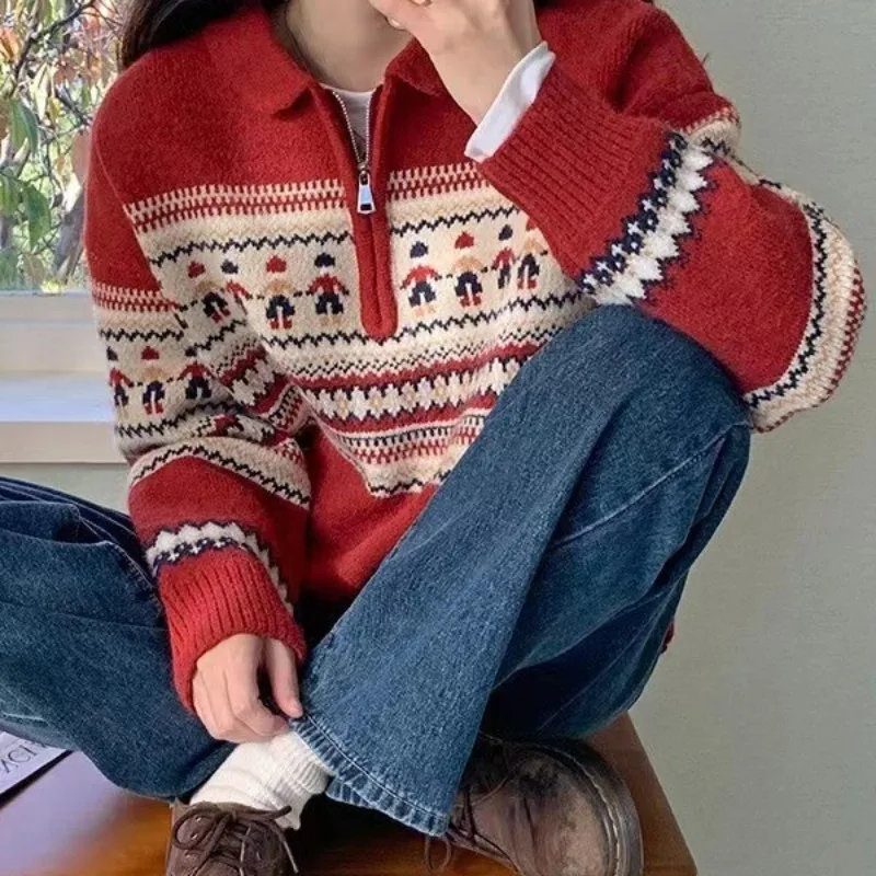 Half Zip Red Sweater Women Soft Sticky Raccoon Velvet Christmas Thick Knit Pullovers Autumn Winter Striped High-end Warm Top