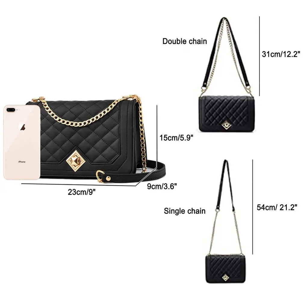 Messenger Bag For Women Lingge Chain Black Small Fragrance Fashion Simple Soft PU Leather One Shoulder Messenger Portable Bags