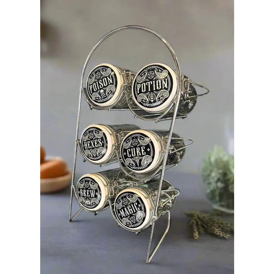 

Ebros Gift Witching Hour Wicca Kitchen Witch Alchemy Apothecary Jar Spice Metal Rack With 6 Glass Jars Potion Hexes Cure Brew M
