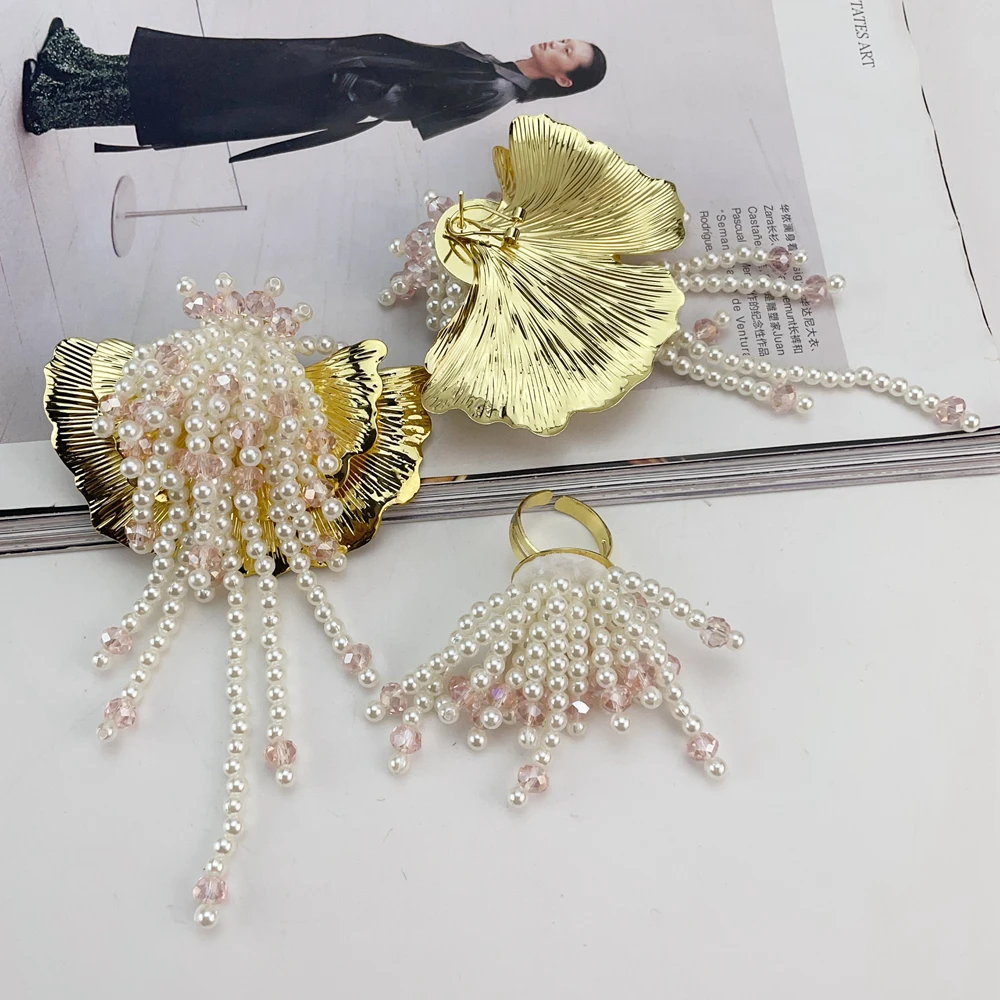 طقم مجوهرات إيما برازيلي مطلي بالذهب مكون من 4 قطع للنساء على شكل أوراق شجر أفريقية وأقراط وسوار وخاتم وهدايا حفلات الزفاف #5