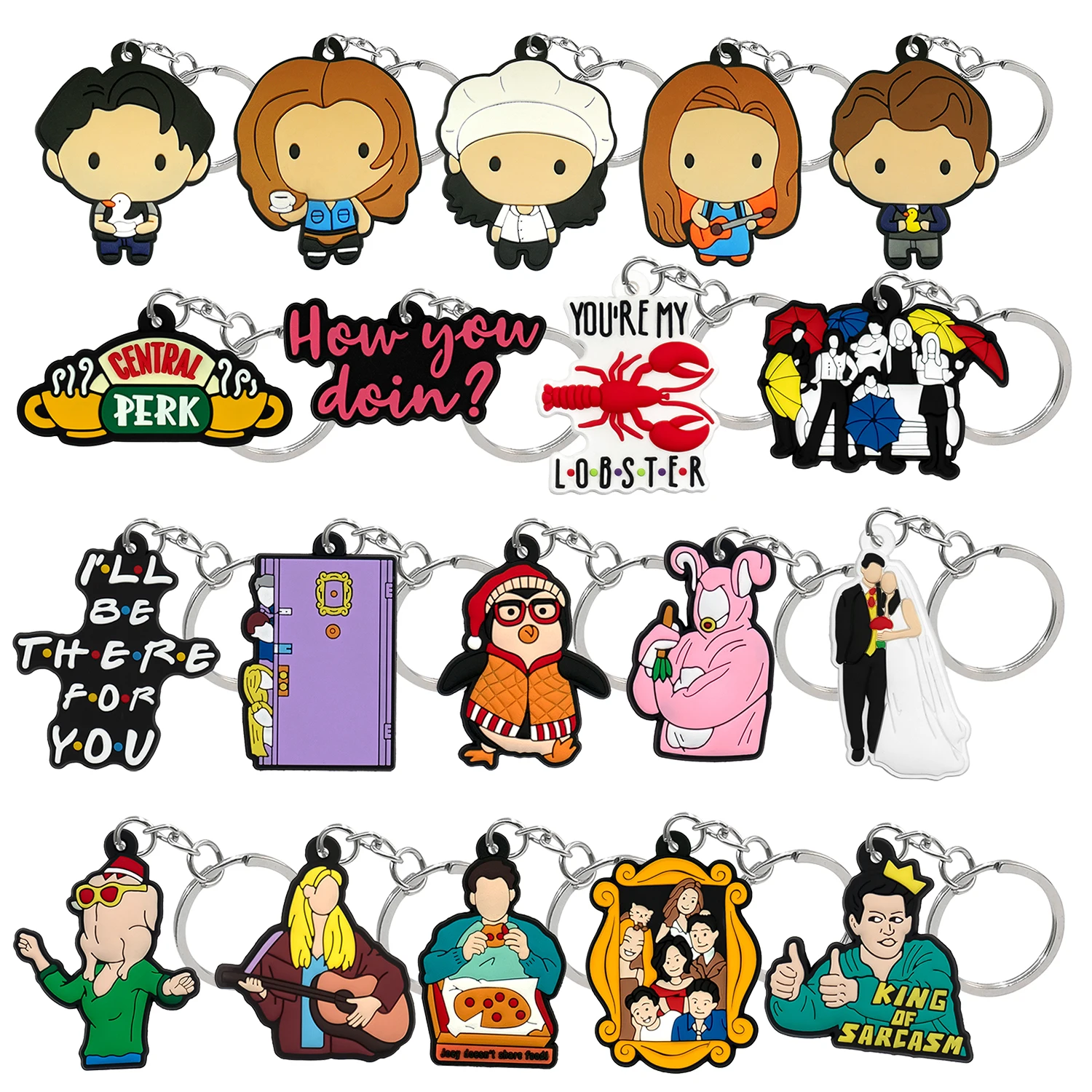 20pcs Old Friends PVC Keychain Sofa Door Mirror Key Ring Penguin Lobster Cool Key Chain Handbag Fittings for Women