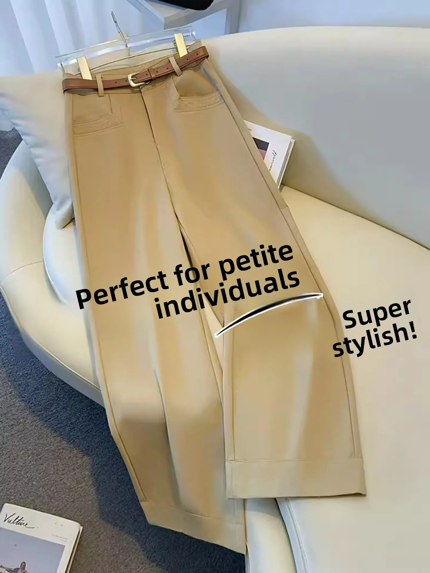 High Waist Khaki Wide Leg Suit Pants Women Summer Loose Slimming Casual Drapey Nine Point Straight Leg Jeans Cotton Blend