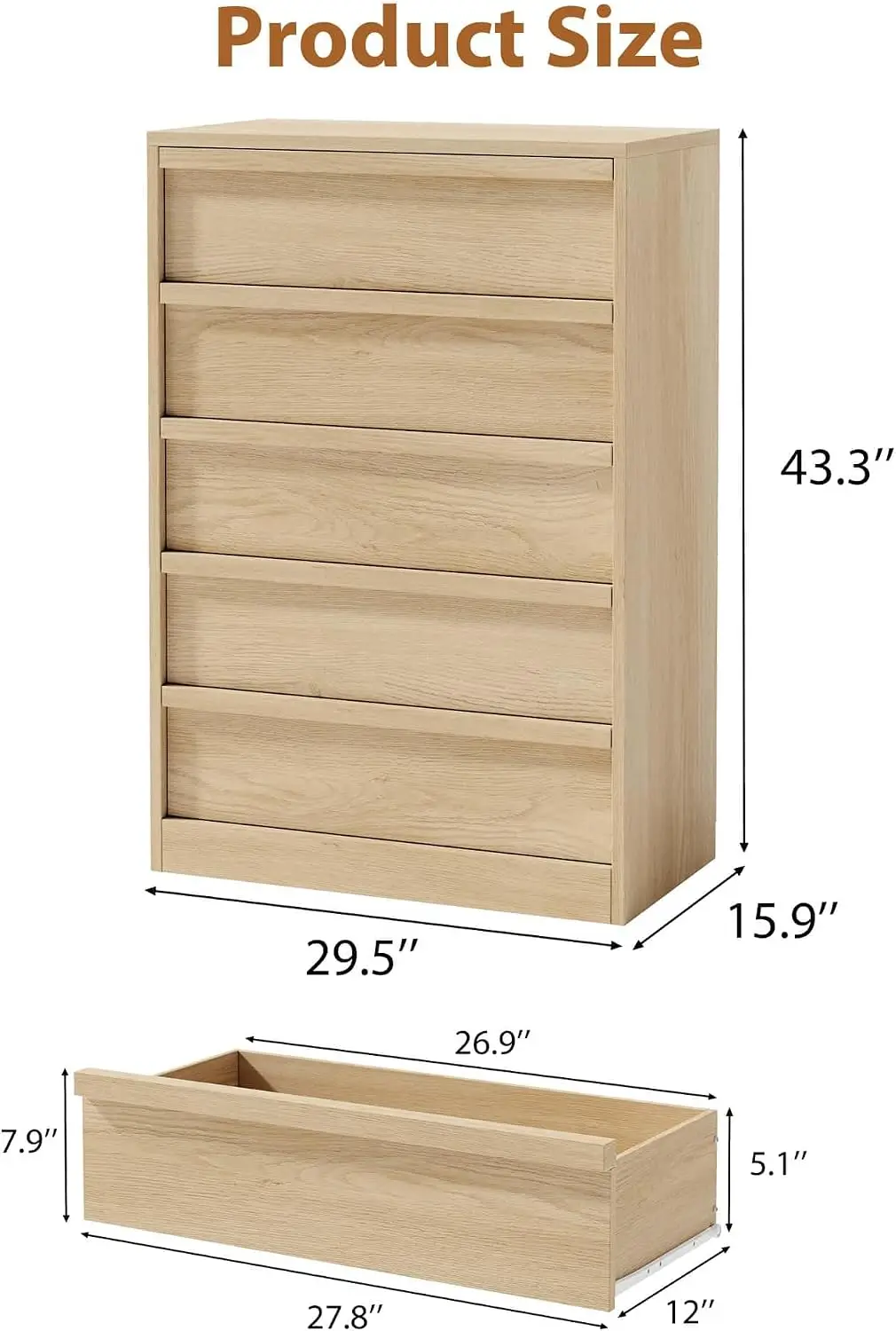Natural Oak 5-Drawer Dresser 2