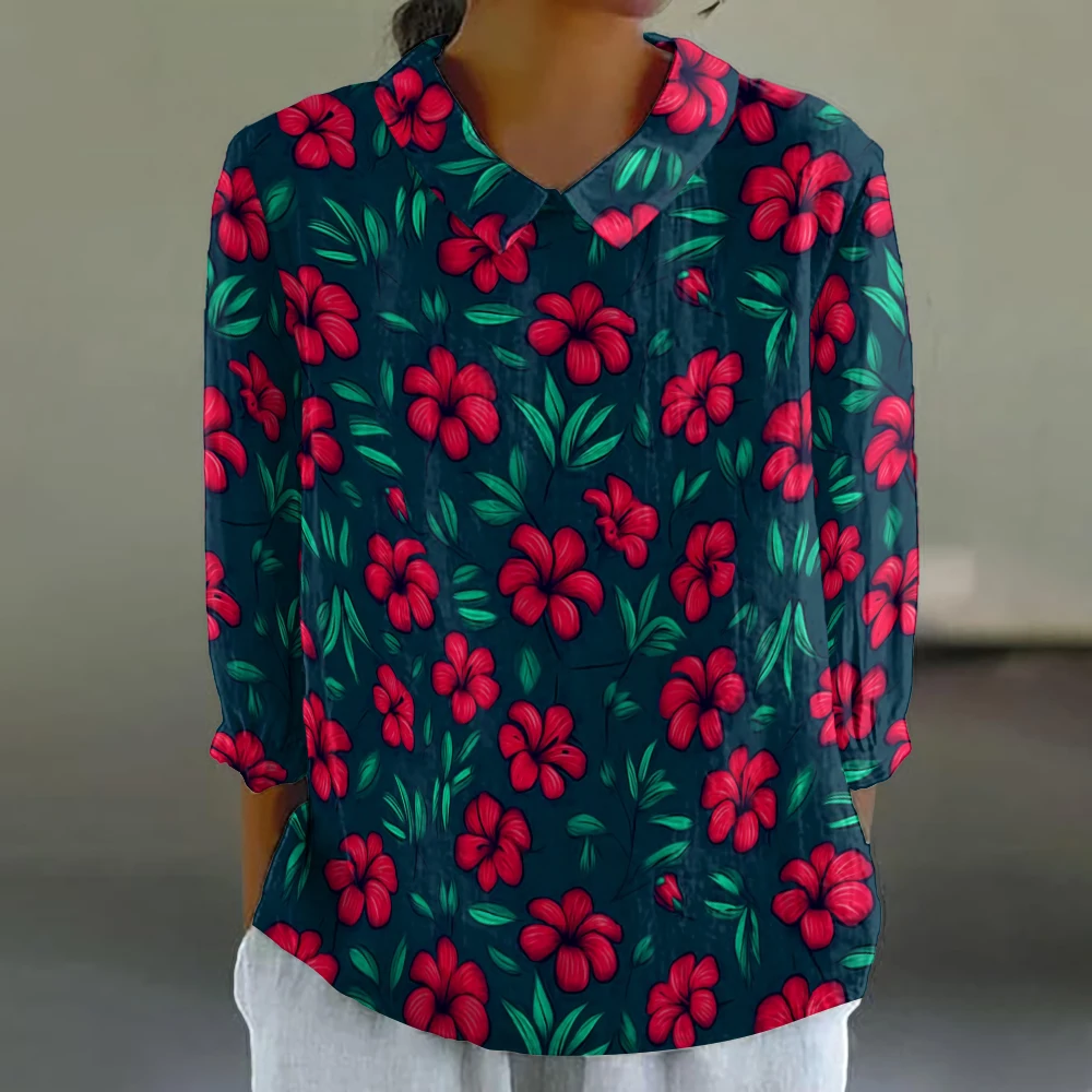 

Women's Elegant Turn-Down Collar Shirt Red Floral 3/4 Sleeve Casual Blouse Hipster Retro Summer Sexy Shirts Size XXS-3XL