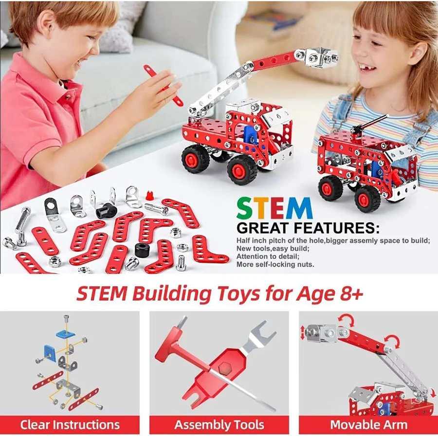 Brinquedos de construção de haste para meninos de 8 a 12 anos, conjuntos criativos, kit de modelo de série de caminhões de bombeiros, brinquedos de montagem de blocos de construção de metal para crianças