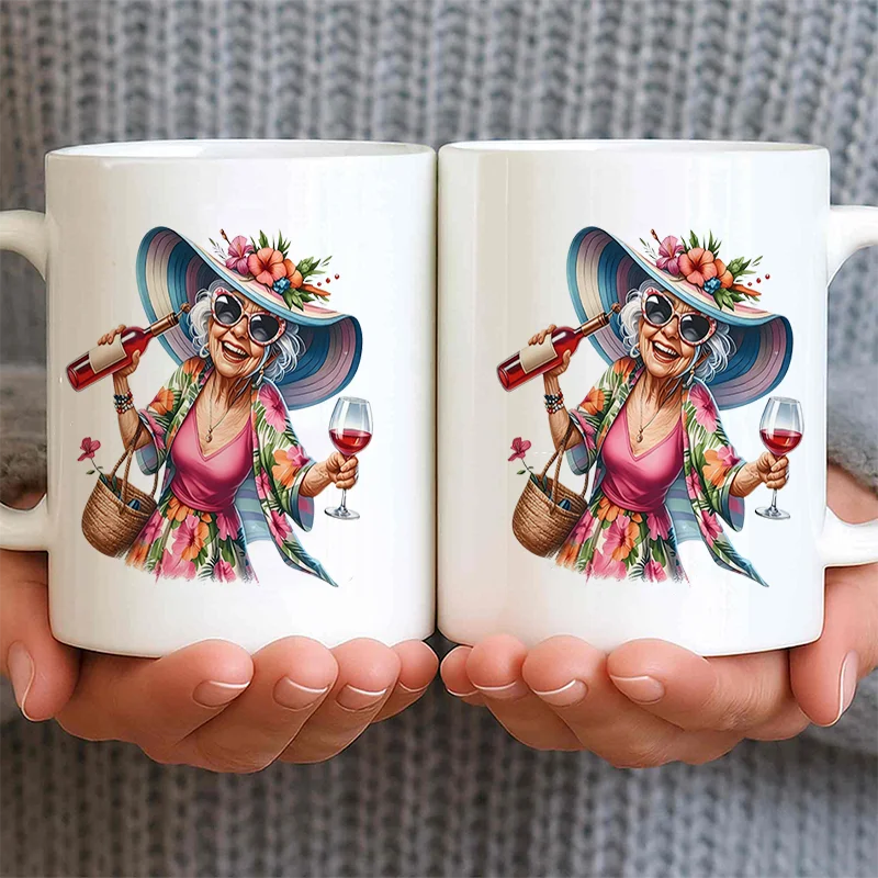 Elderly Lady With Wine Glass And Hat Colorful Print Ceramic Coffee Mug, 11oz 350ml Personalized Custom Mug, Microwave Safe Cute