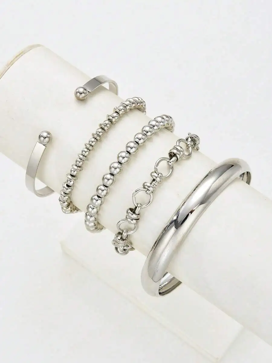 

5pcs Layered Chunky Beaded Cuff Bangles Set For Women Minimalist Vintage Style Daily Party Wedding Gift