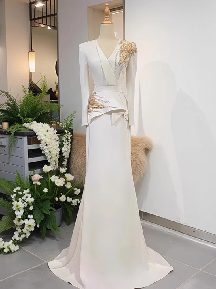 

Элегантное белое вечернее платье для женщин, высококачественное, для банкетов, выступлений, хора, ведущих, с длинными рукавами, в пол, из полиэстера